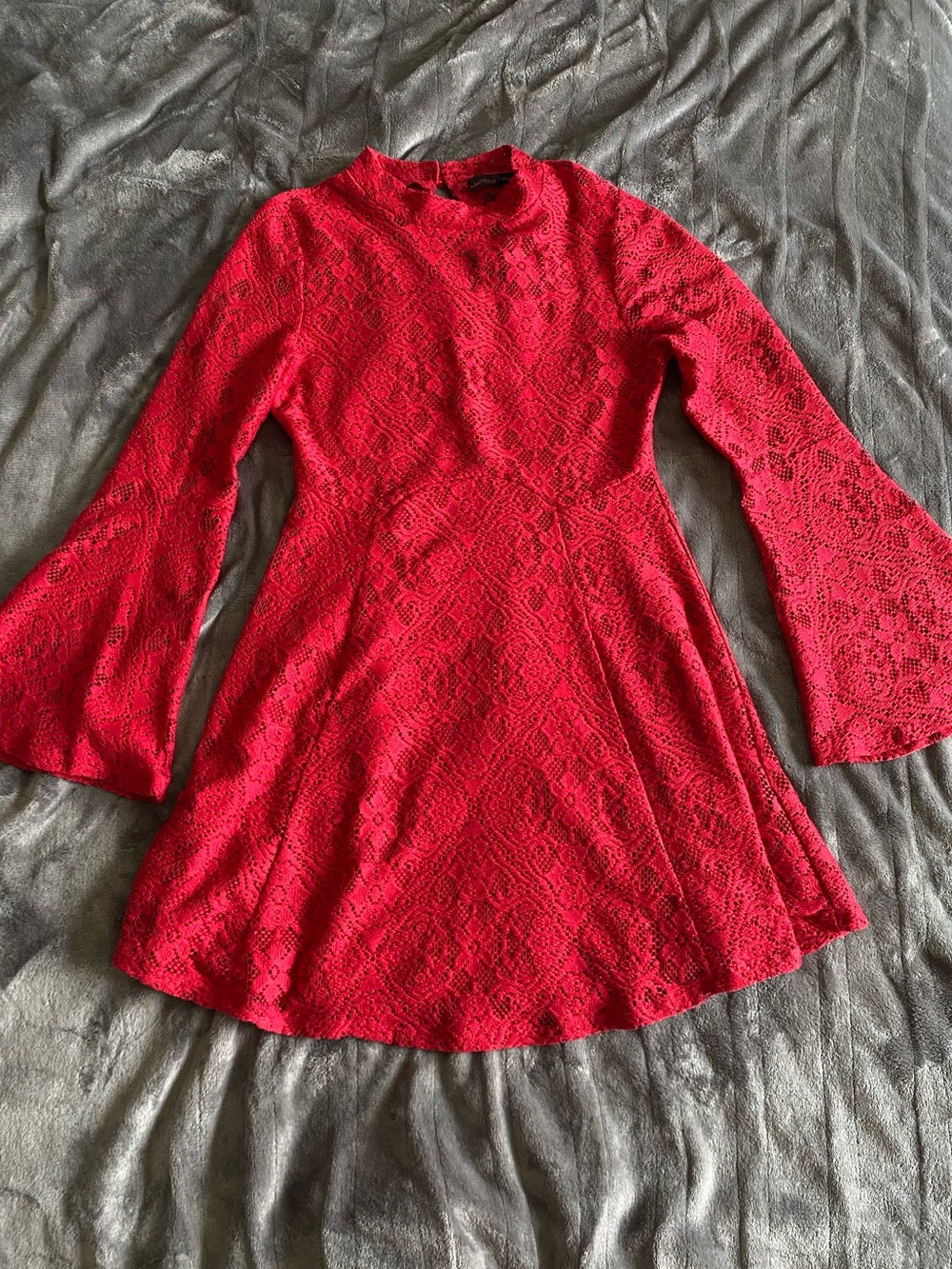 Red Lace Fit and Flare Dress with Bell Sleeves and Mockneck Top
